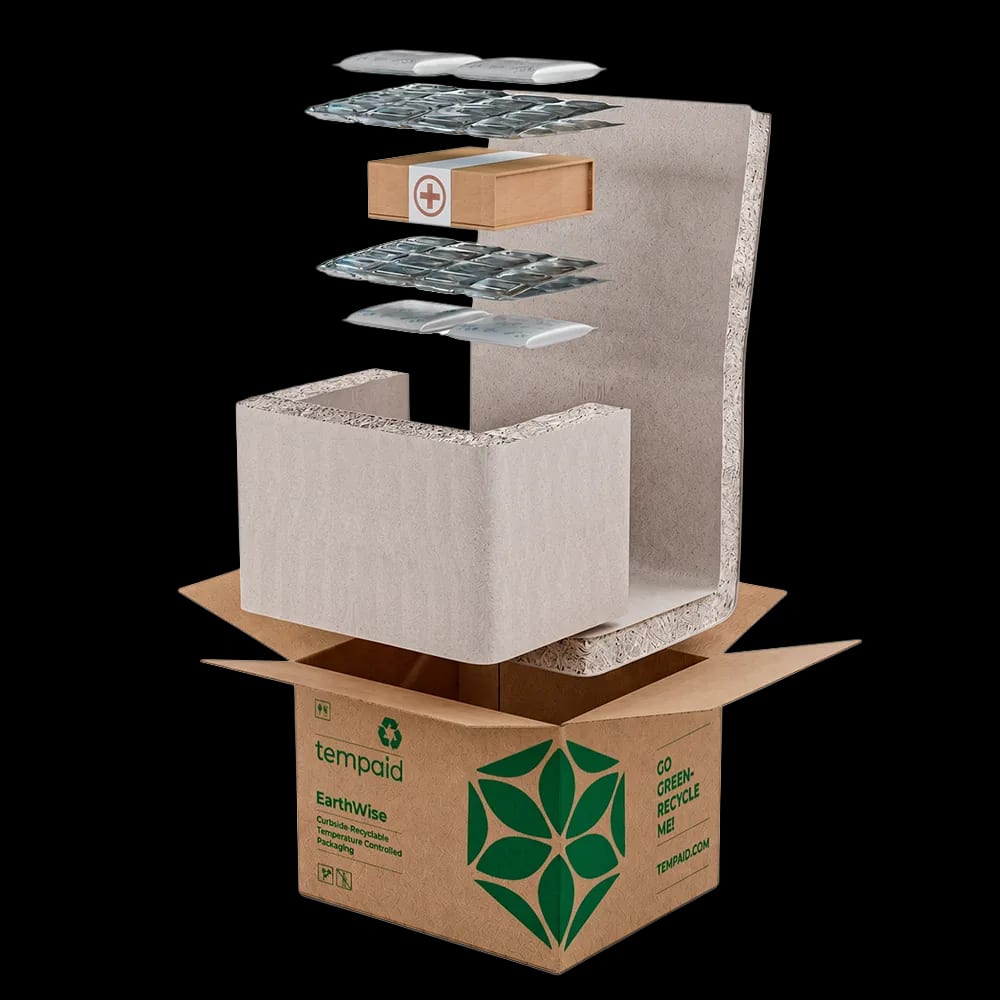 Exploded view of the EarthWise recyclable shipper, liner, insulation, refrigerant layers
