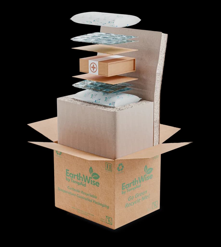Exploded view of the EarthWise recyclable shipper, liner, insulation, refrigerant layers