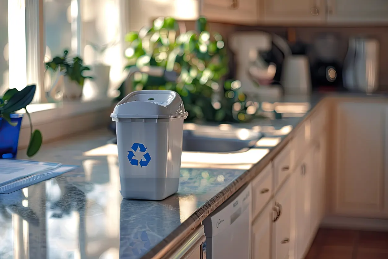 Recycling bin on a kitchen counter at home
