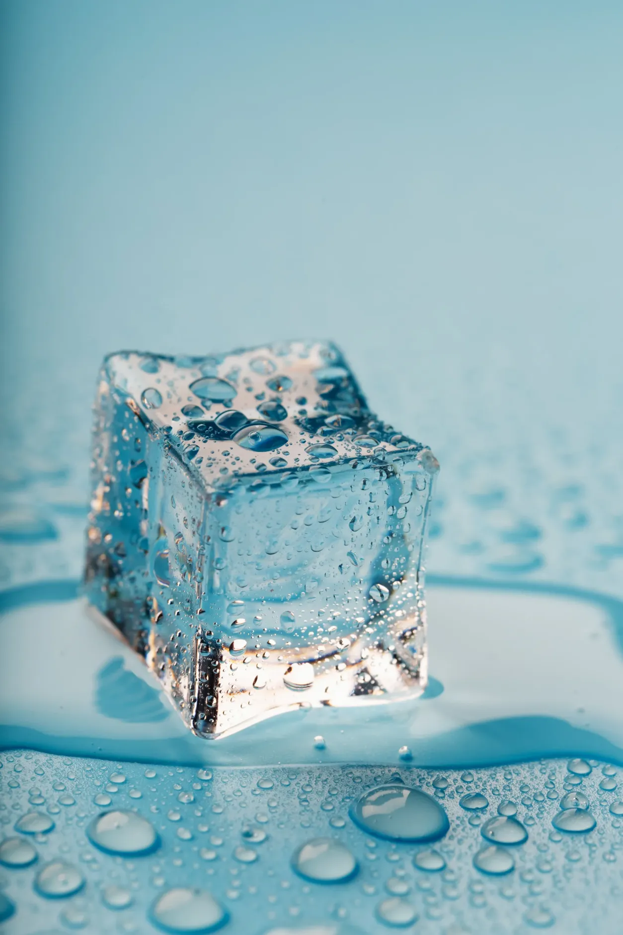 Melting ice cube, water held in place