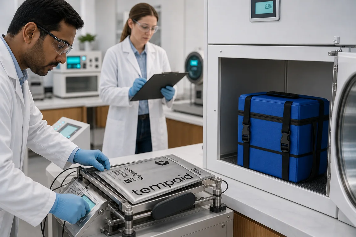 A tempaid technician validating a SteadyPac mailer in the in-house ISO 9001 lab