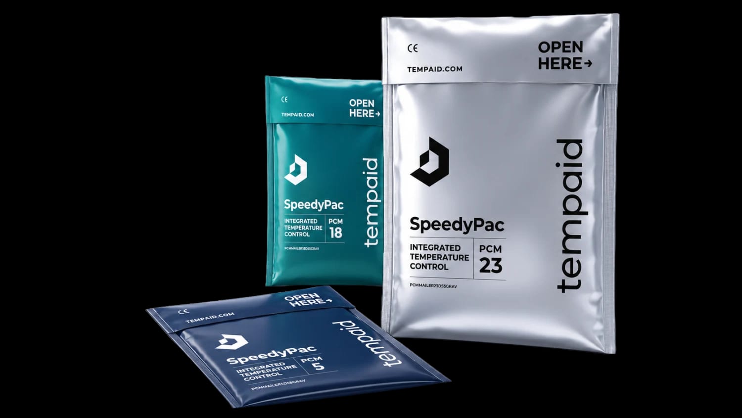 SpeedyPac PCM Mailers in PCM 5, PCM 18, and PCM 23 temperature variants