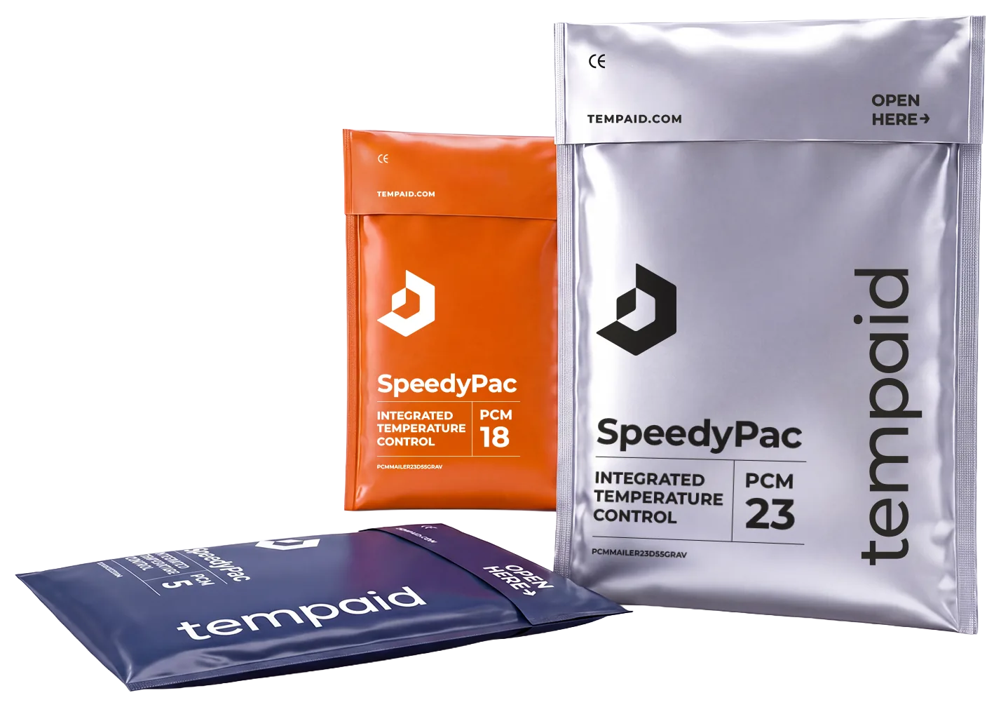 SpeedyPac PCM Mailers in PCM 5, PCM 18, and PCM 23 temperature variants
