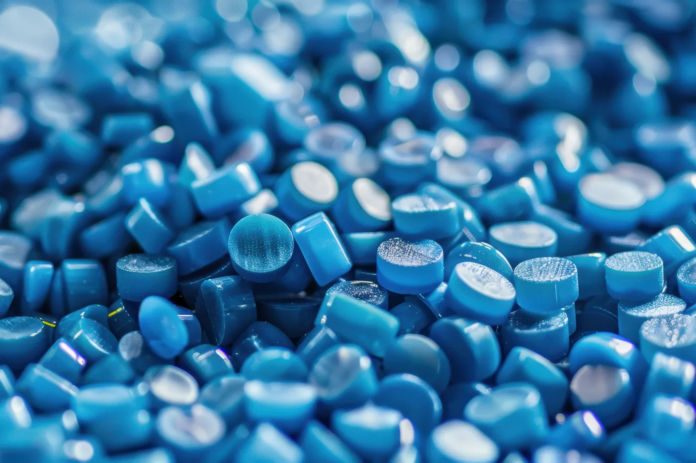 Blue plastic granules, the raw material before moulding