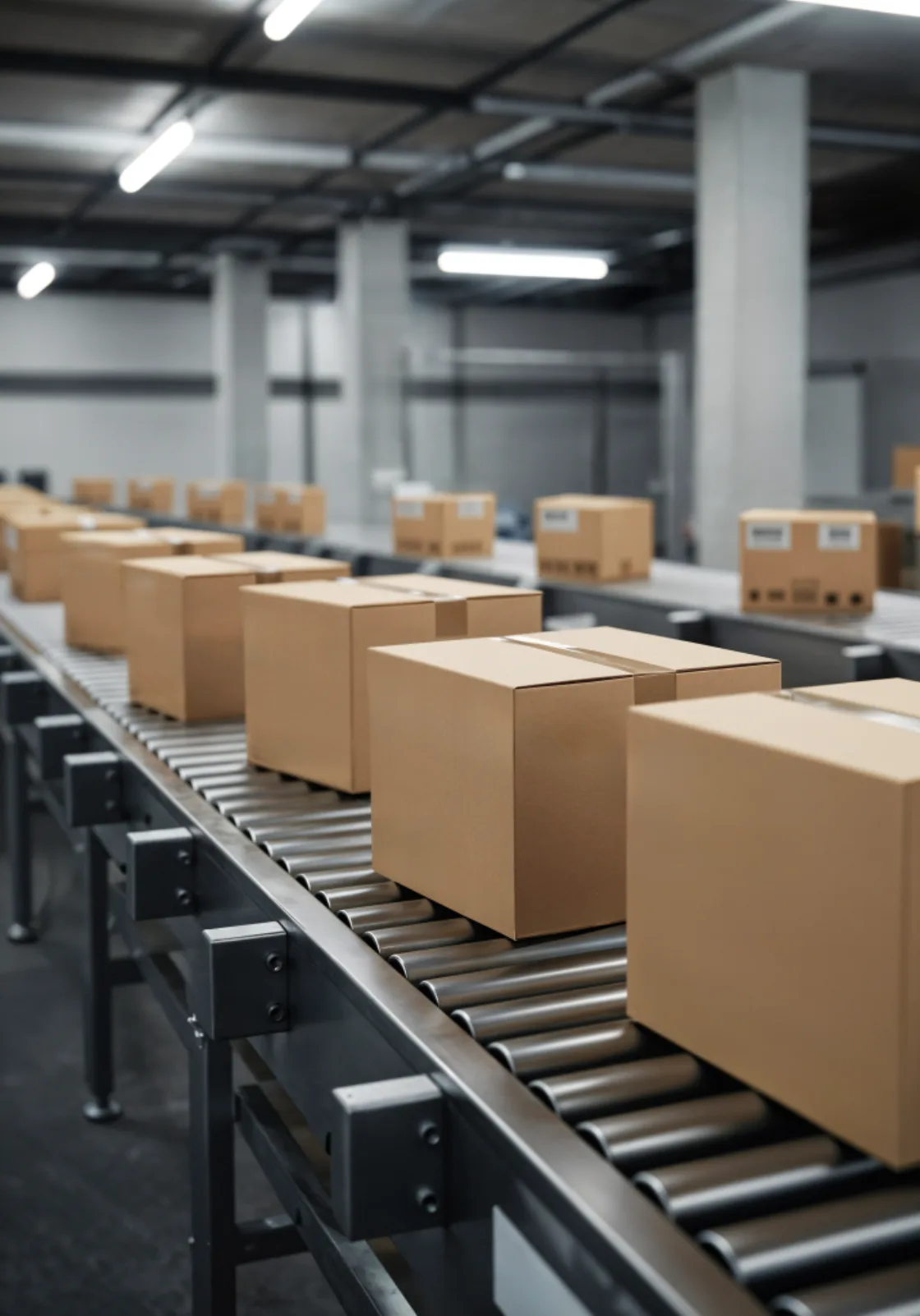 Boxes moving along a warehouse conveyor