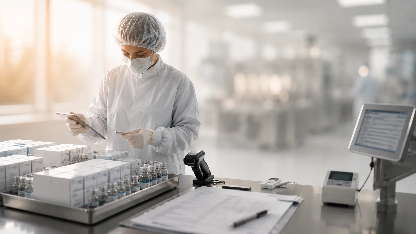 Pharmacist preparing specialty medication vials at a counter