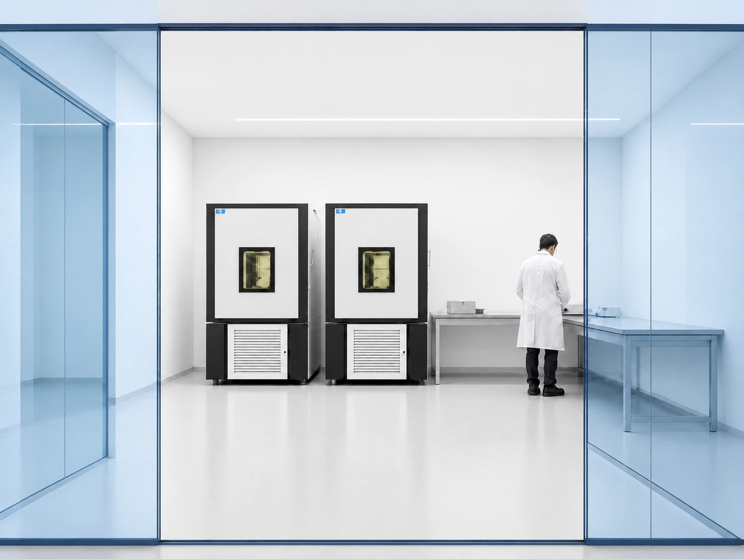 TempAid specialist working beside environmental test chambers in the cleanroom lab