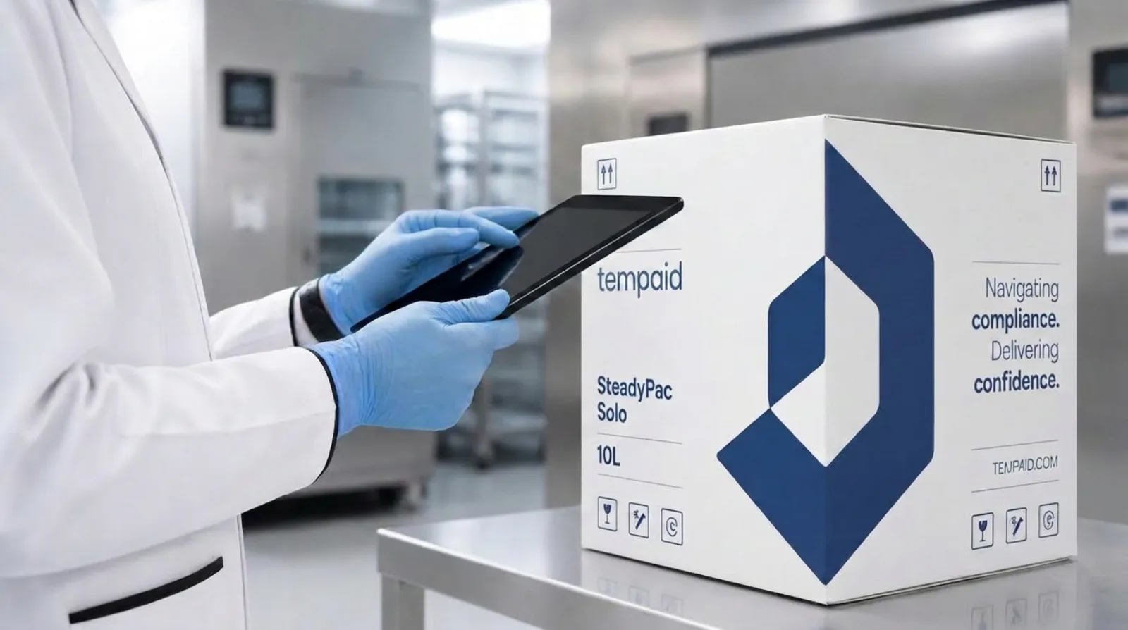 Technician reviewing a TempAid SteadyPac Solo shipper on a tablet