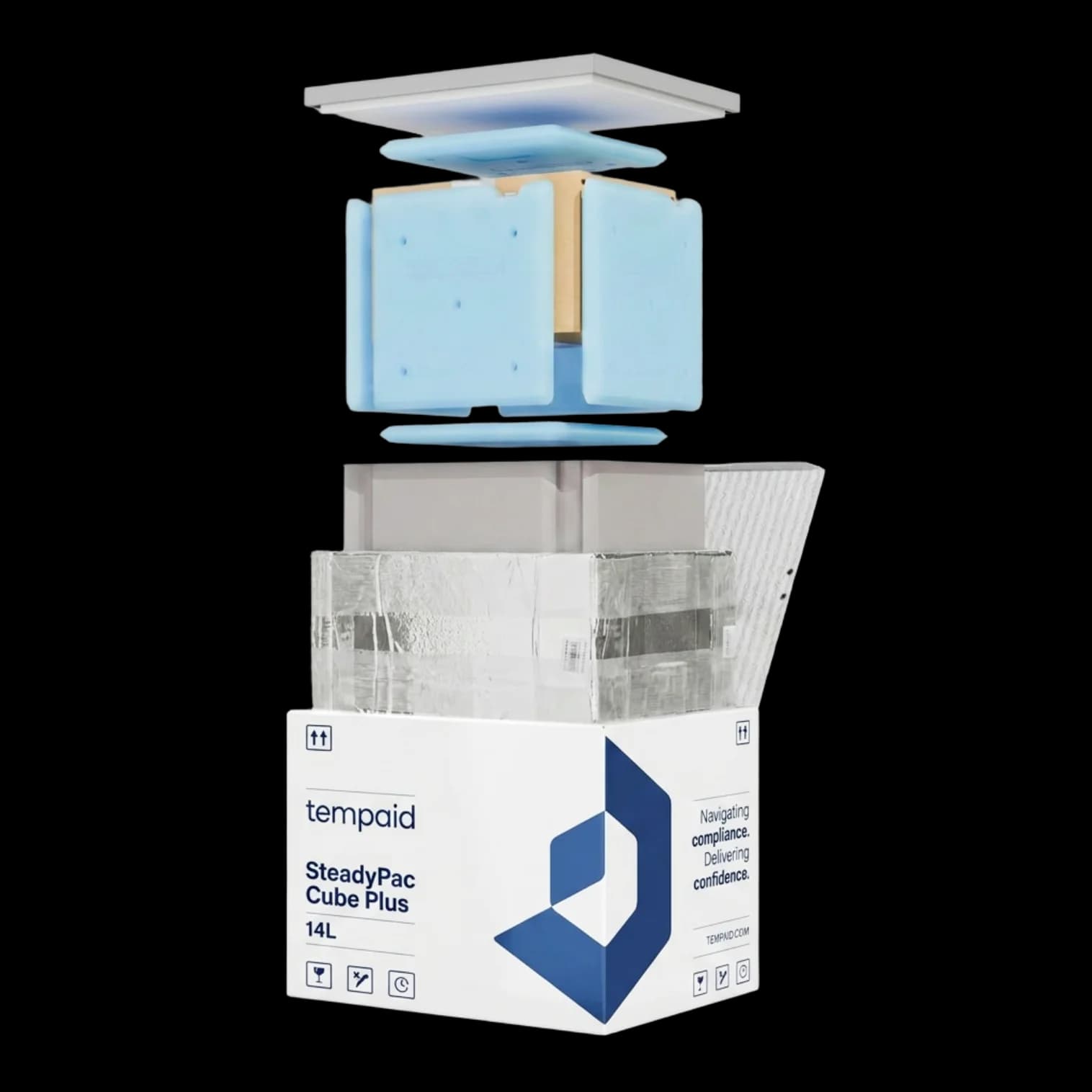 Exploded view of the SteadyPac Cube, box, tub, VIP panels, lid, and PCM plates