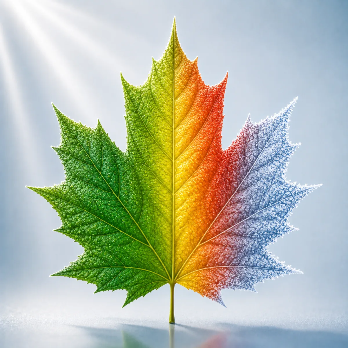 A single leaf running from summer green through autumn red to winter frost