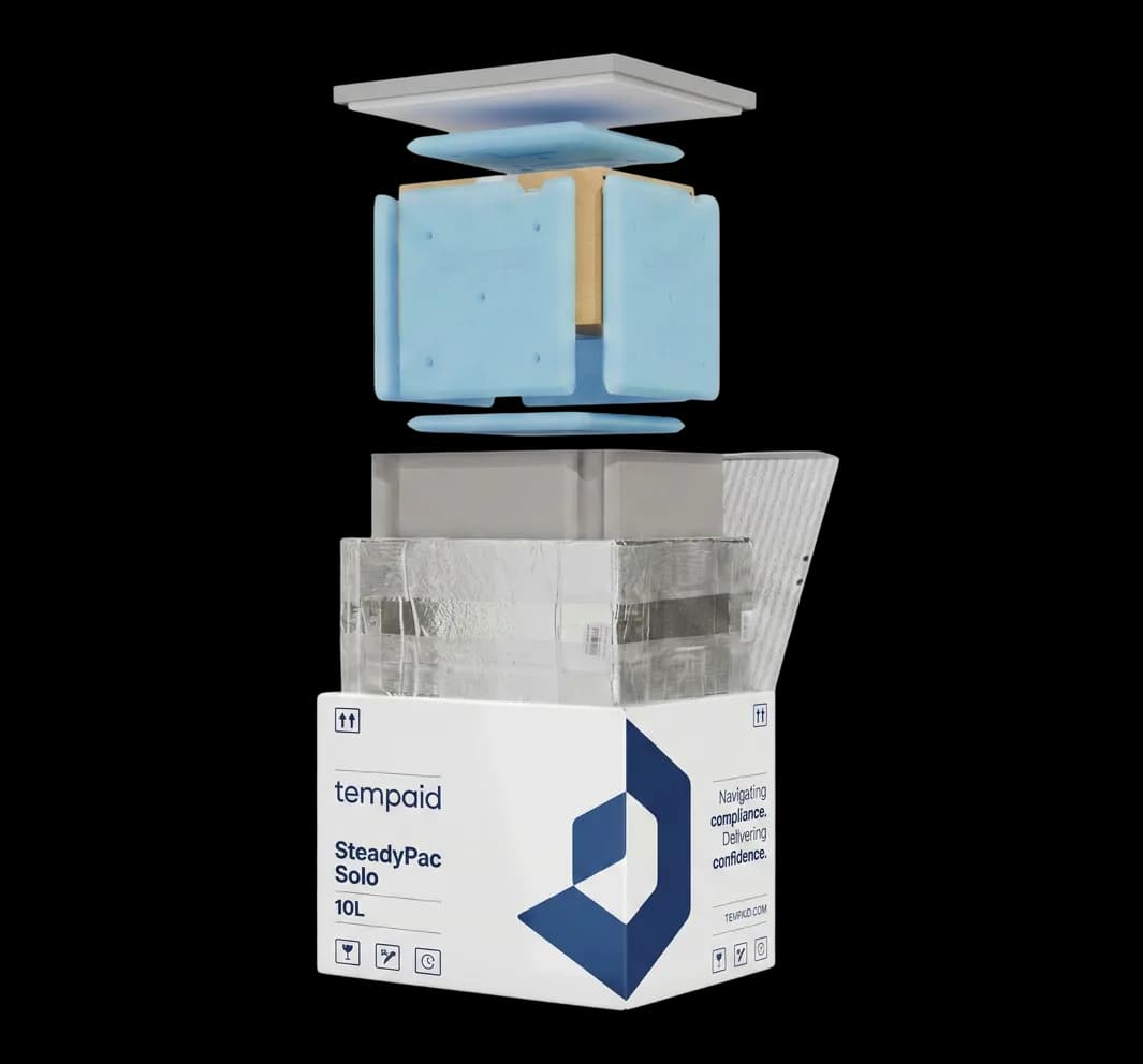 Exploded view of the SteadyPac Solo, corrugated outer, VIP panels, and PCM plates