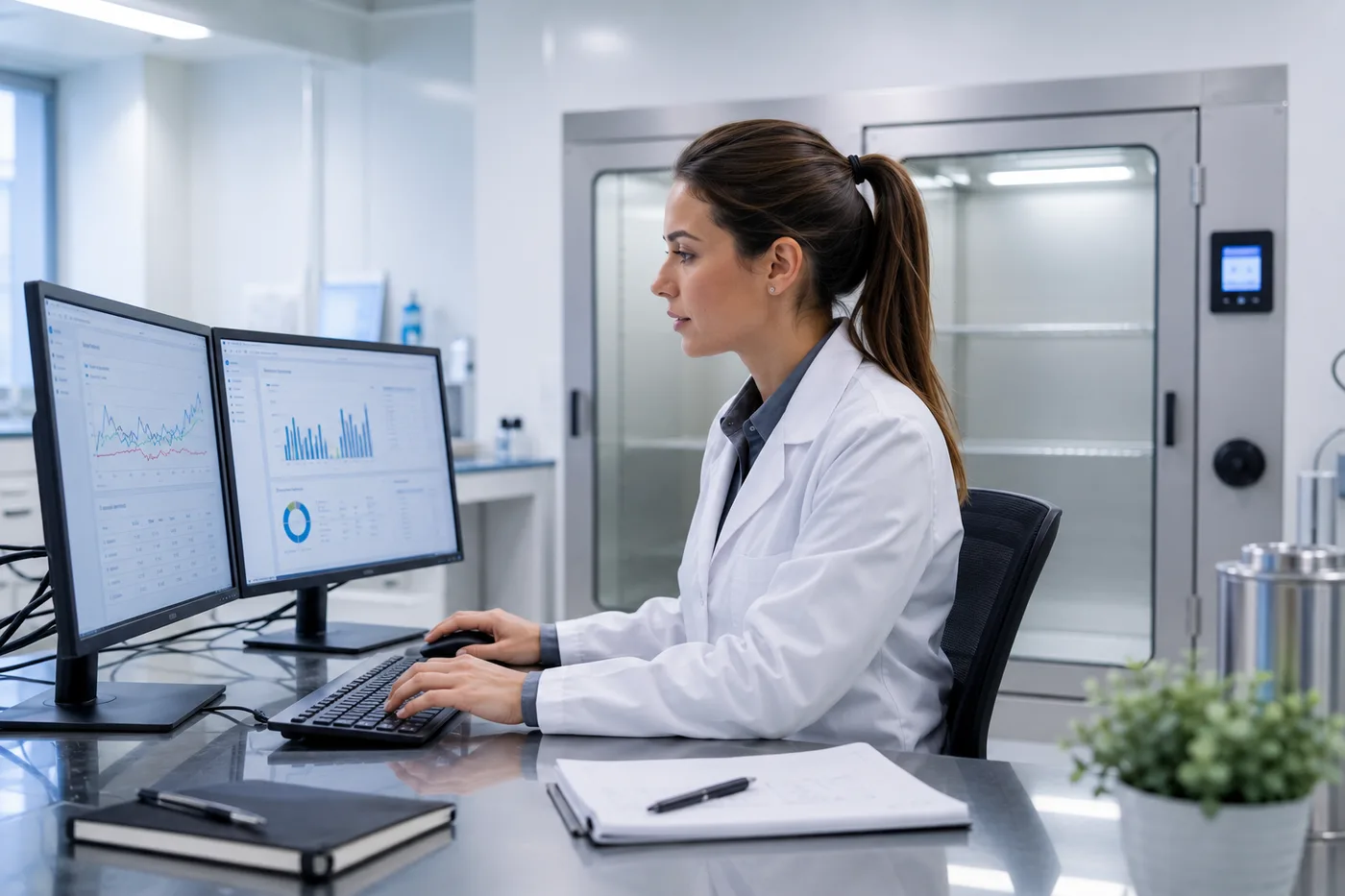 A TempAid lab technician reviewing thermal profile data on screen beside a stability chamber