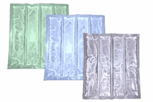 The PCM Mat comes in three temperature melt points: +5°C, +18°C, and +23°C. Custom options are available. Green blue and clear options are shown.